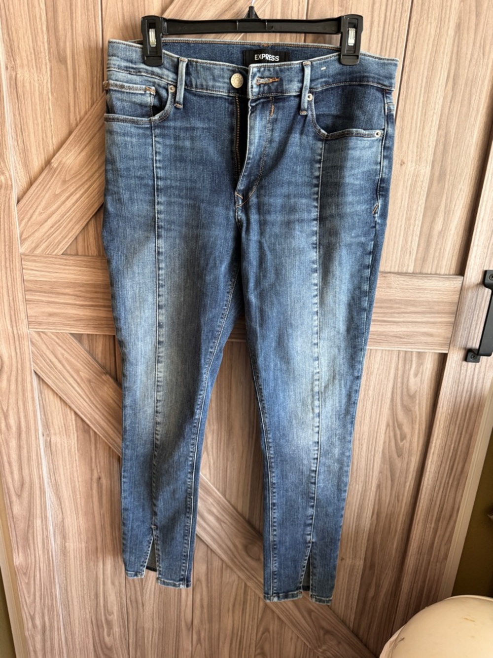 Express Womens Light Blue Skinny Jeans with Front Slit Hem